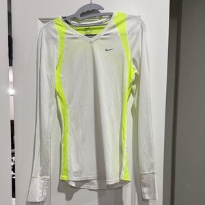 Nike White and Neon Yellow V-Neck Long Sleeve